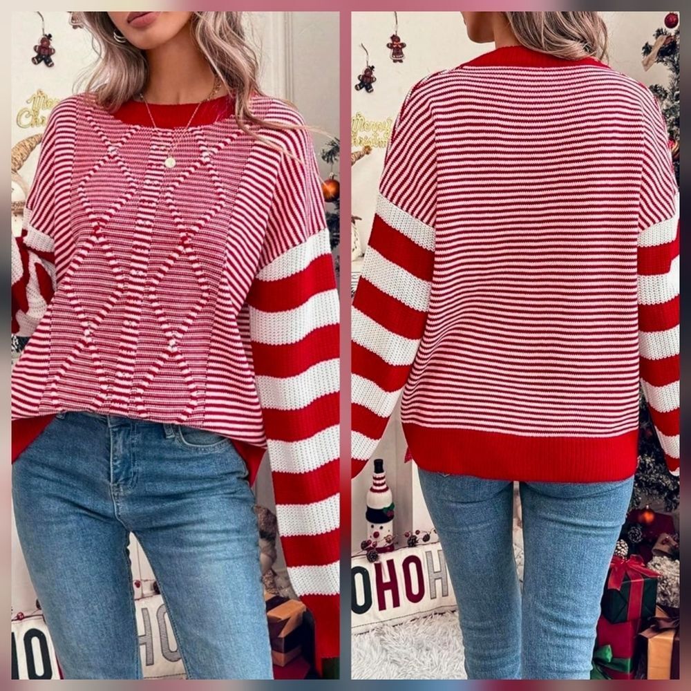 🩵🅰️NWOT Red & White Striped Knit Long Sleeve Sweater Large - Picture 2 of 16